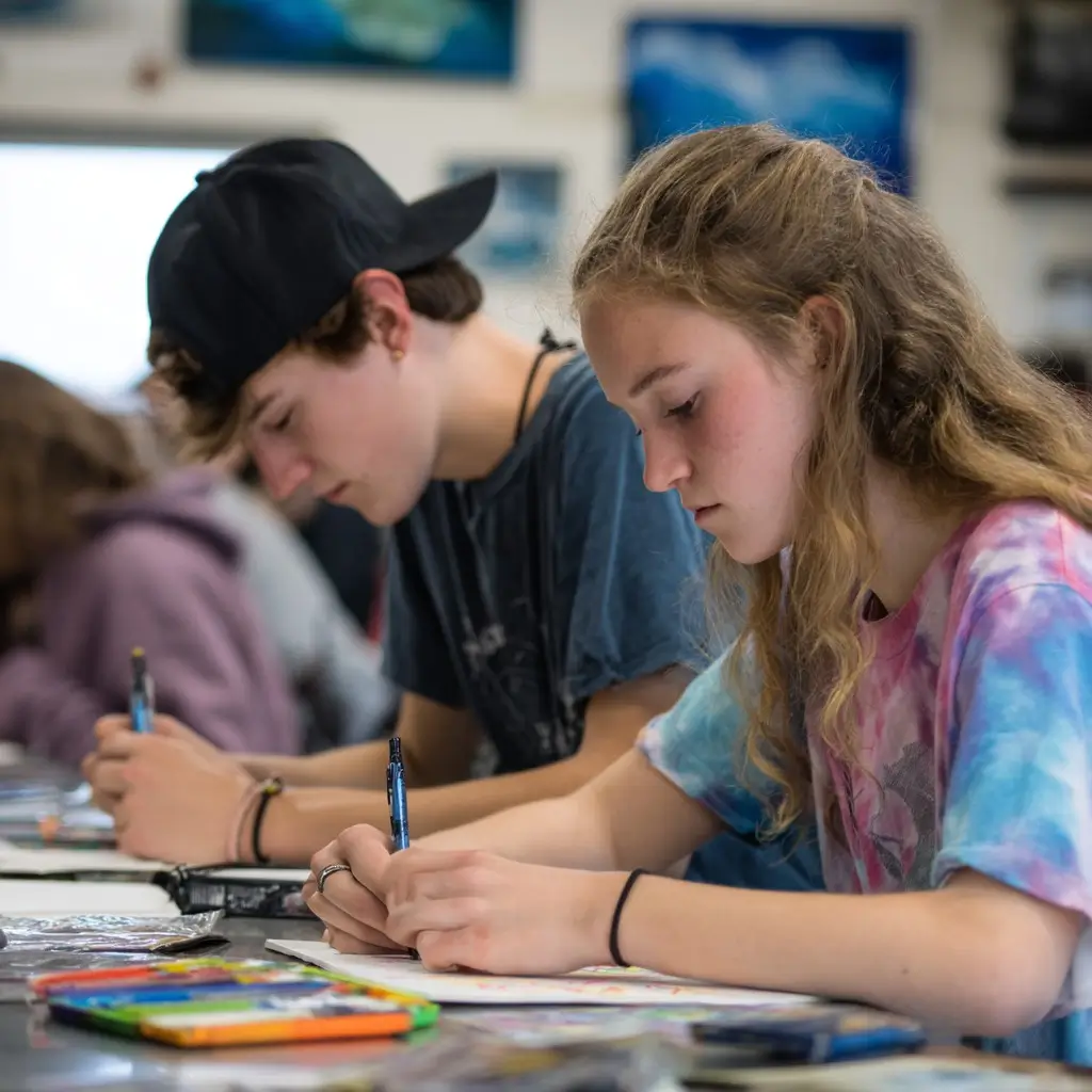 Students presenting artwork and creative writing